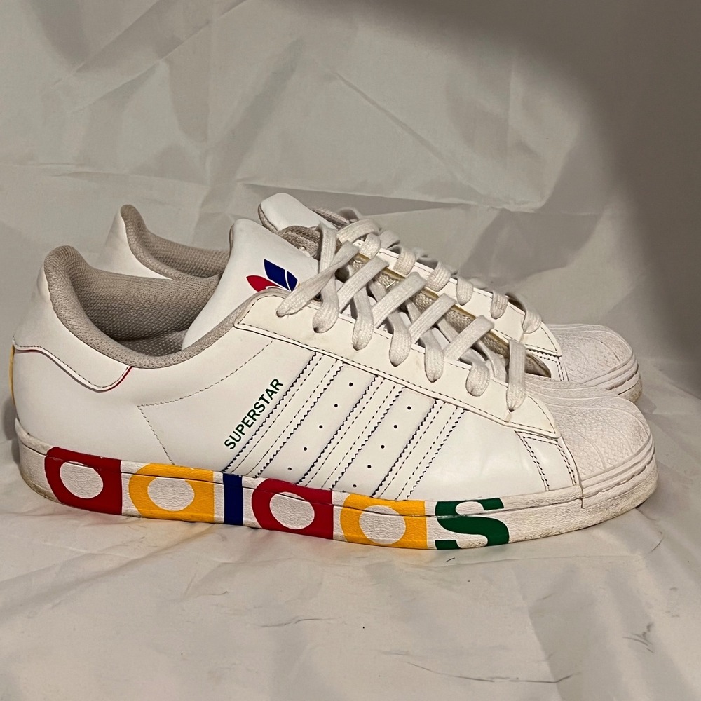 Adidas Superstar Mens 11.5 White Multi Color Logo Shell Toe Sneakers GZ3742